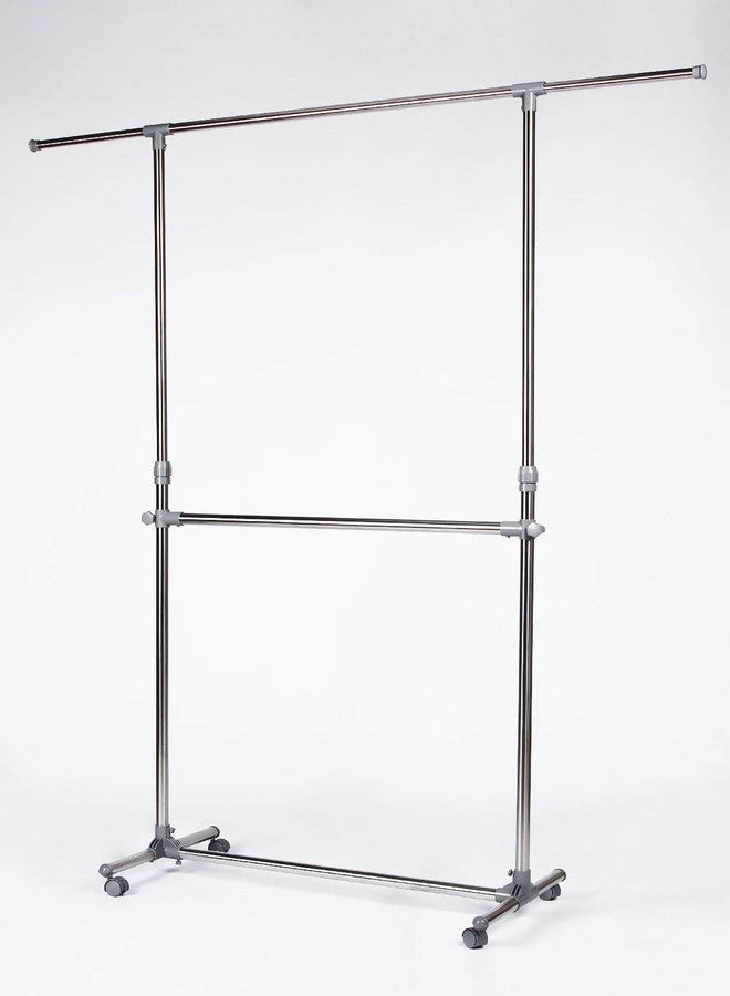 Loop Group Stainless Steel Double Pole Rail Telescopic Movable Portable Adjustable Clothes Garment Hanging Rack Stand with Wheels (1, Steel) - Image 2